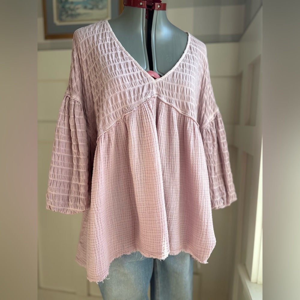 Free People Dusty Mauve Pink Textured Gauze V-Neck Top Small